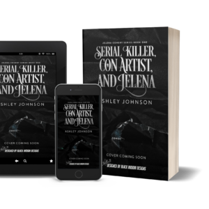 Mockup of a tablet, smartphone, and paperback book displaying the new cover design for Serial Killer, Con Artist, and Jelena by Ashley Johnson, with a "Cover Coming Soon" teaser text.