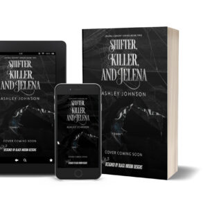 Mockup of a tablet, smartphone, and paperback book displaying the new cover design for Serial Killer, Con Artist, and Jelena by Ashley Johnson, with a "Cover Coming Soon" teaser text.