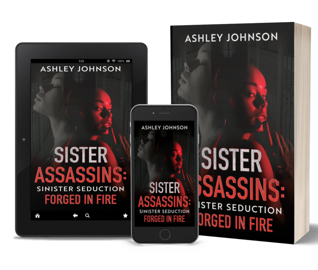Cover art for Sister Assassins: Sinister Seduction, showing a confident woman in dark tones and dramatic lighting, representing secrecy, obsession, and a female-led dark romantic thriller.